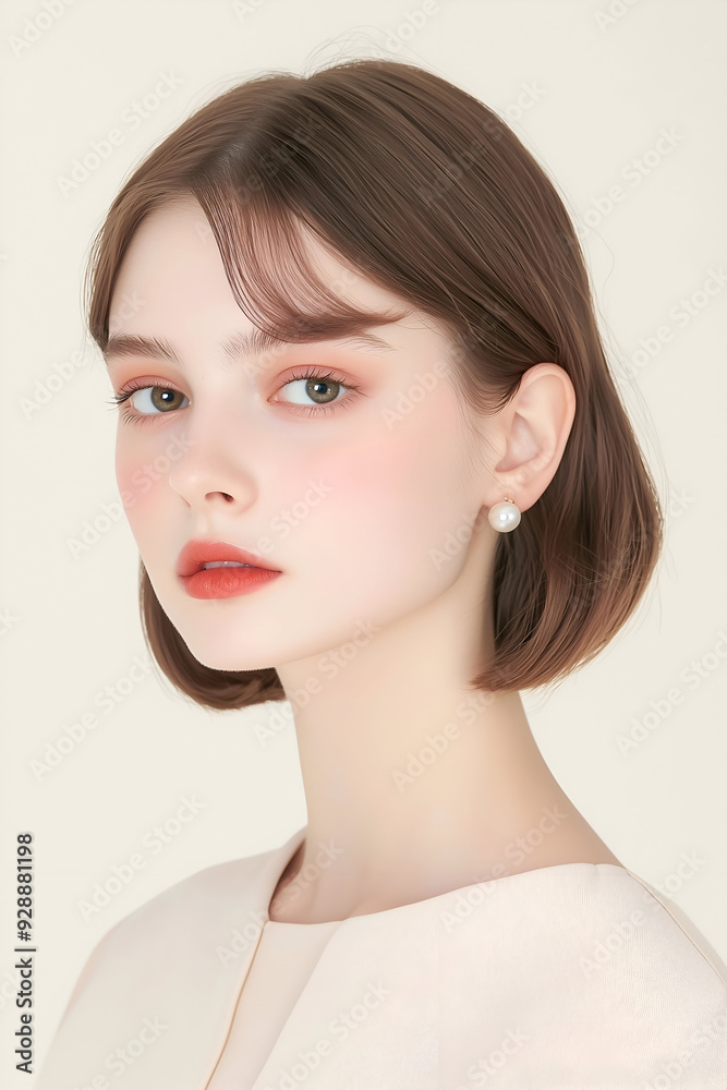 Graceful Portrait of a Young Woman with Elegant Pearl Earrings Graceful Portrait of a Young Woman with Elegant Pearl Earrings