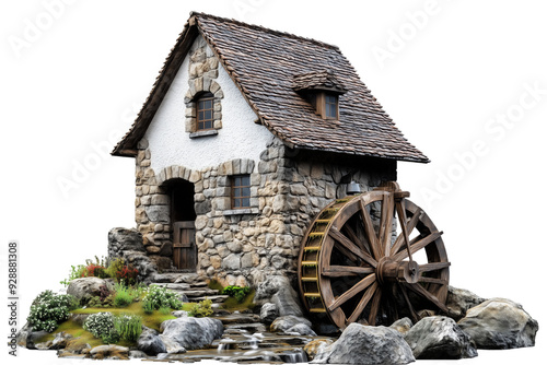 Rustic Stone Watermill with Wooden Water Wheel - Isolated on White Transparent Background, PNG 