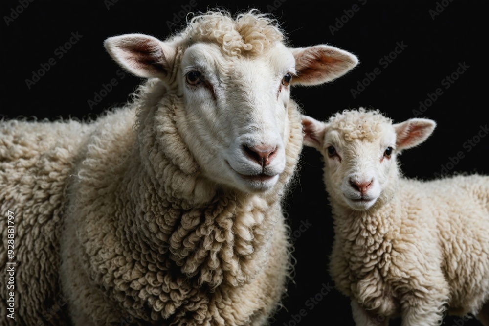 Mother Sheep And Cute Baby Sheep Together In The Black Background Mother Sheep And Cute Baby Sheep Together In The Black Background