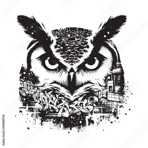 silhouette of Owl filled with graffiti street wall in rough drawing