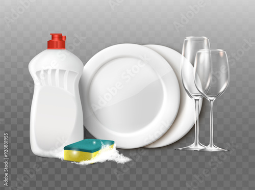 3d realistic vector illustration. Dish washing liquid, sponge and dishes with glasses. Isolated.