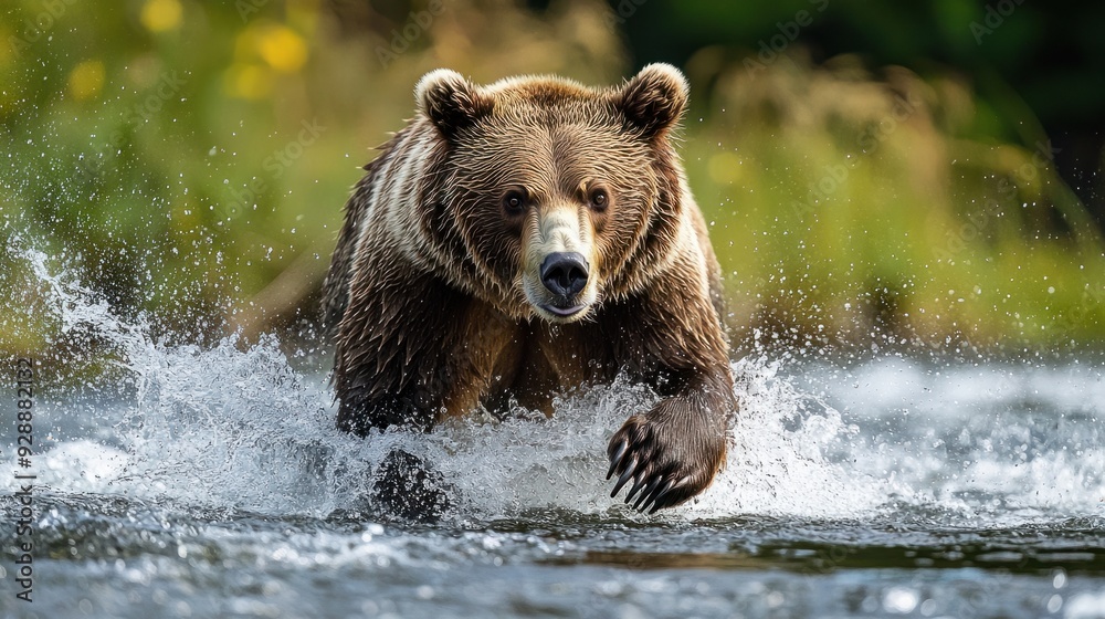 Majestic Brown Bear Hunting for Salmon in Rushing River Currents Majestic Brown Bear Hunting for Salmon in Rushing River Currents