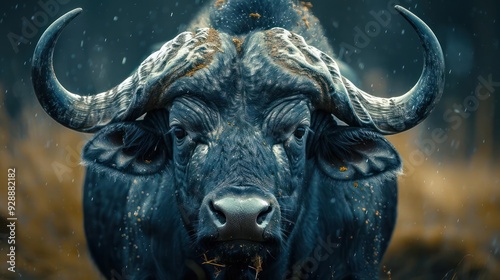 A powerful buffalo bull with full horns staring straight ahead.