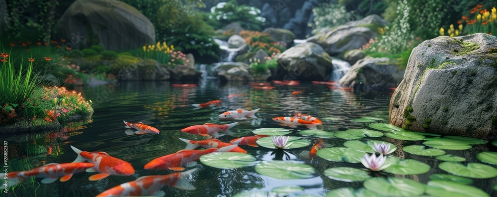 Tranquil pond with water lilies and koi fish, 4K hyperrealistic photo Tranquil pond with water lilies and koi fish, 4K hyperrealistic photo