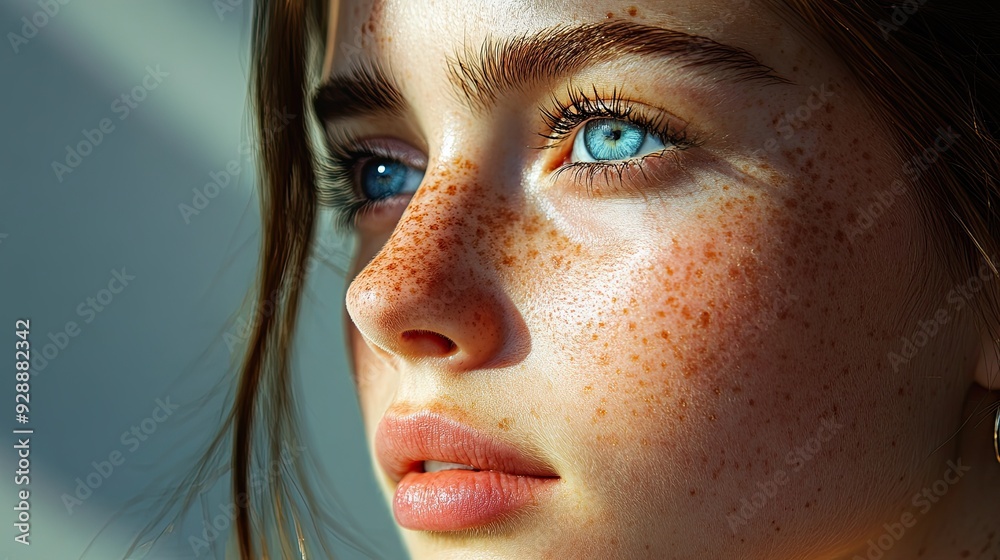 Fototapeta premium Portrait of a young woman with a sprinkle of freckles and mesmerizing azure eyes