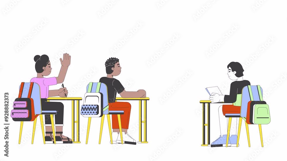 Diverse schoolkids sitting at desks line 2D characters animation. Schoolchildren school kids flat color cartoon 4K video, alpha channel. Lesson class. Tables pupils animated people on white background Diverse schoolkids sitting at desks line 2D characters animation. Schoolchildren school kids flat color cartoon 4K video, alpha channel. Lesson class. Tables pupils animated people on white background