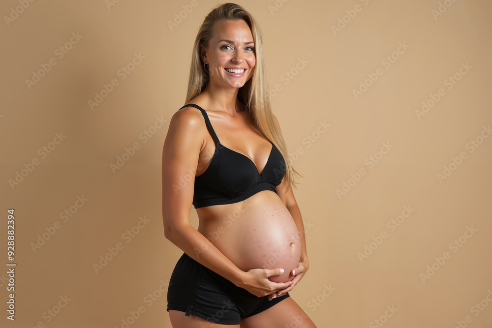 photo of pregnant woman standing pose with beige background, generative AI photo of pregnant woman standing pose with beige background, generative AI