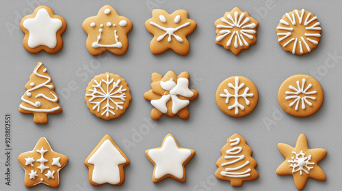 A collection of various Christmas-themed cookies, including snowflakes, stars, Santa Claus, and Christmas trees, all depicted in a 3D illustration. These cookies are shown with assorted designs.