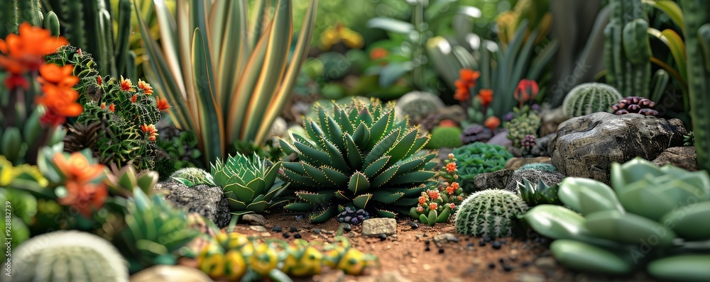 Fototapeta premium Succulent garden with various species, 4K hyperrealistic photo