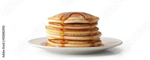 Stack of fluffy pancakes with syrup on white background, 4K hyperrealistic photo