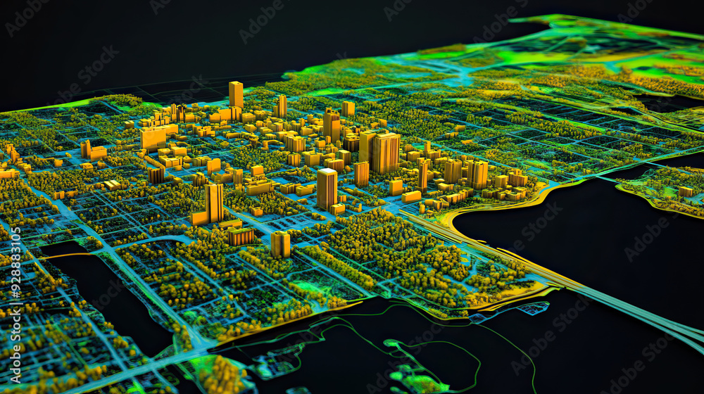 Fototapeta premium Technical aerial visual, 3D LiDAR GIS aerial map satellite scan model isolated, showing Gainesville. Elevation, topography, render