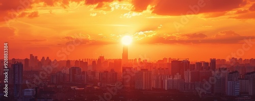 Orange sunset over city skyline, 4K hyperrealistic photo © Sanych