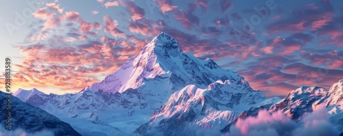 Majestic snowy mountain peak at sunrise, 4K hyperrealistic photo