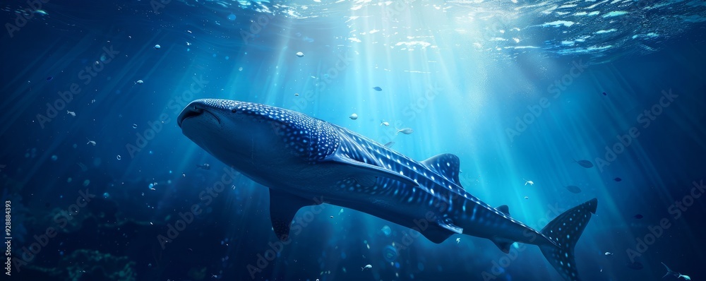 Fototapeta premium Graceful whale shark swimming in the deep ocean, 4K hyperrealistic photo
