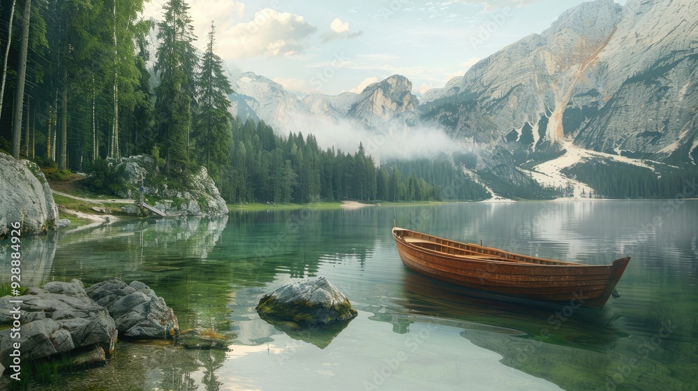 Boat on a lake surrounded by mountains Boat on a lake surrounded by mountains