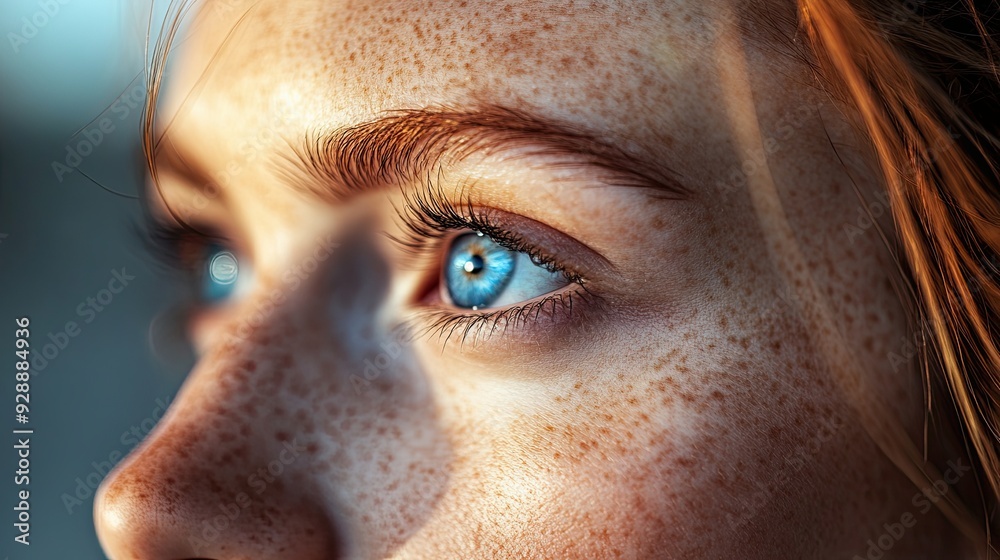 Natural beauty captured in a close-up of freckles and bright blue eyes