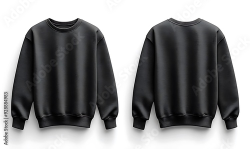  Blank sweatshirt color black template front and back view on white background. crew neck mock-up isolated on a white background design photo