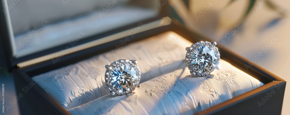 Shiny diamond earrings in a box on white background, 4K hyperrealistic photo Shiny diamond earrings in a box on white background, 4K hyperrealistic photo