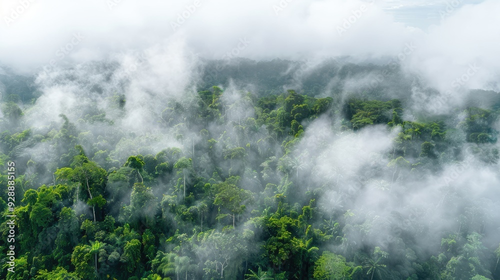 Fog in the rainforest. Aerial view.
Fog in the rainforest. Aerial view.