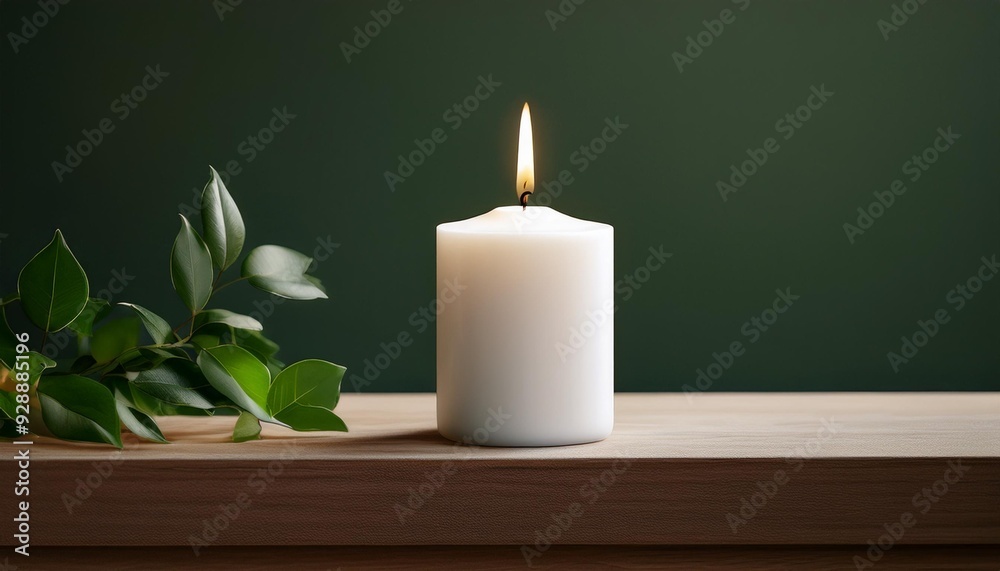 A serene candle illuminates a wooden surface, surrounded by lush greenery, creating a calm and peaceful ambiance. A serene candle illuminates a wooden surface, surrounded by lush greenery, creating a calm and peaceful ambiance.