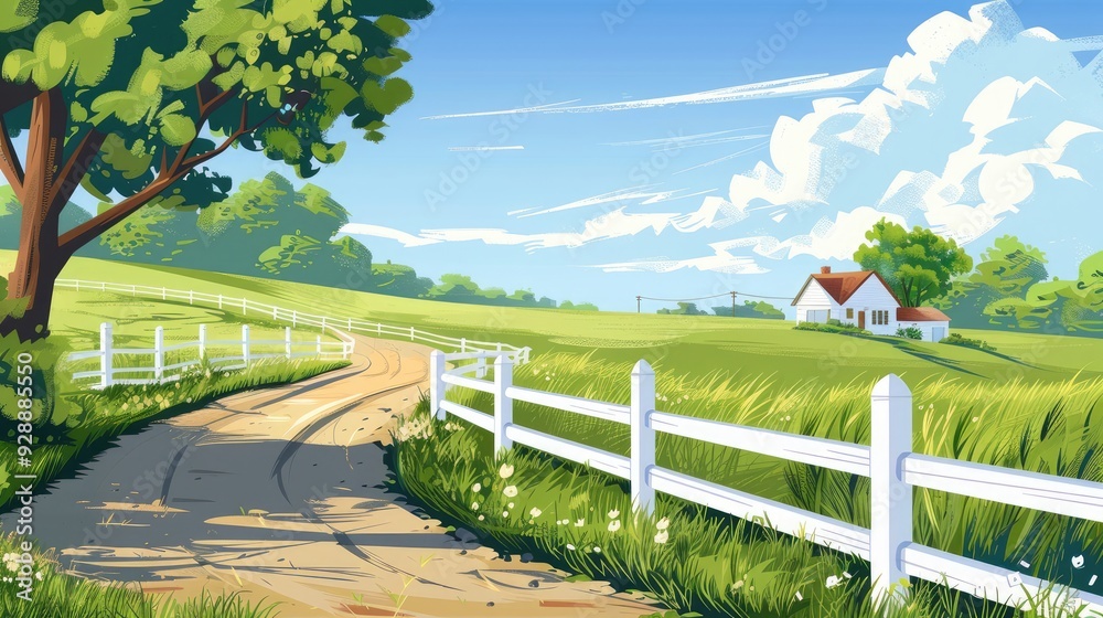 Fototapeta premium Countryside with white fence along country road with houses in the background