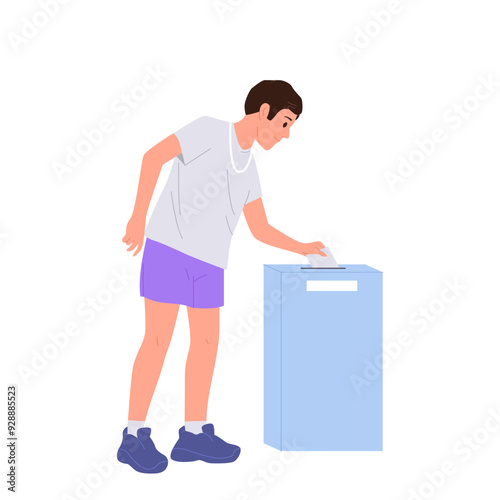 Young man cartoon character balloting participating in government vote campaign isolated on white