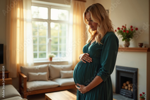 photo of pregnant woman standing pose at her living comfortable room, generative AI