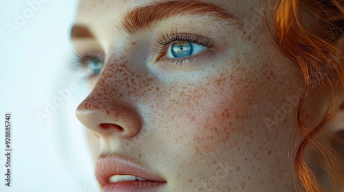 Close-up showcasing the joyful expression and azure eyes of a young woman with freckles