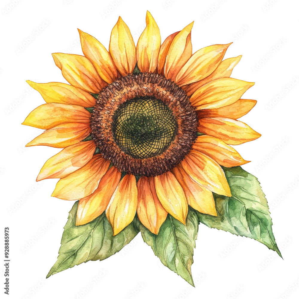 Fototapeta premium Vibrant sunflower with golden petals and green leaves, perfect for nature-themed designs or floral arrangements.