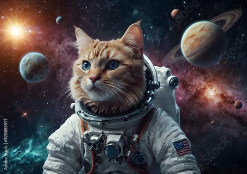 Science fiction space wallpaper with cat astronaut, incredibly beautiful planets, galaxies, dark and cold beauty of endless universe. Elements of this image furnished photo