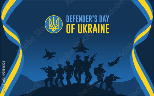 Defender's day of Ukraine. Defenders Day Commemoration on October 14. Banner with a Group of Soldiers and a warplane. Ukraine Flag Banner.