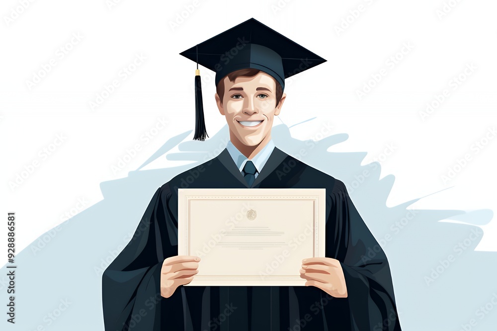 A happy male graduate in cap and gown holding a diploma certificate. A happy male graduate in cap and gown holding a diploma certificate.