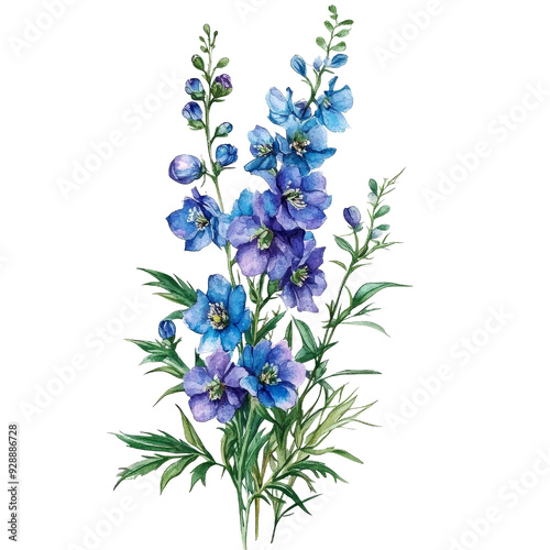 A vibrant bouquet of blue delphinium flowers with delicate petals and lush green leaves, perfect for floral designs.