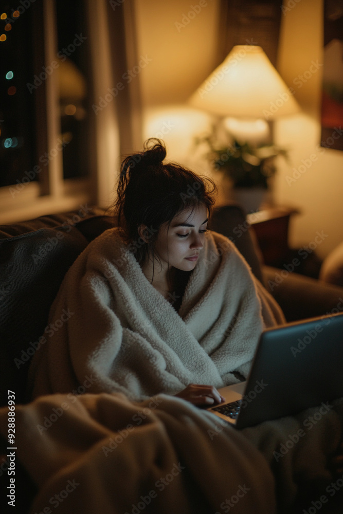 cozy virtual movie date, both participants wrapped in blankets, watching the same movie on their laptops while on a video call, warm and intimate lighting, close-up of their relaxed expressions cozy virtual movie date, both participants wrapped in blankets, watching the same movie on their laptops while on a video call, warm and intimate lighting, close-up of their relaxed expressions