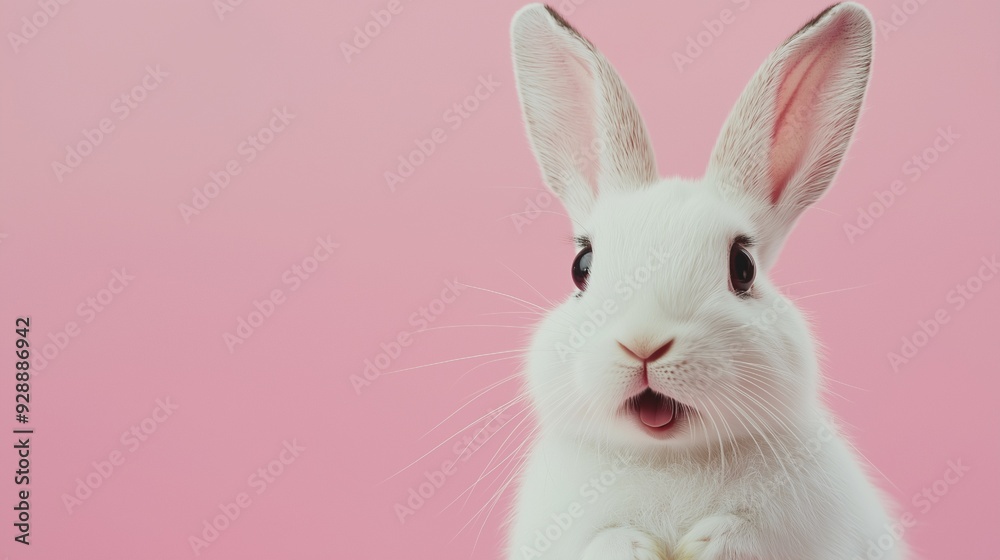 A cute white rabbit with a surprised expression is shown in a portrait on a pink background. AI Generative
