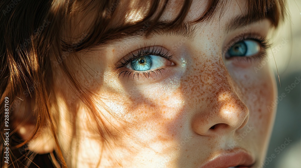 Natural beauty captured in a close-up of a young woman with freckles and azure eyes Natural beauty captured in a close-up of a young woman with freckles and azure eyes