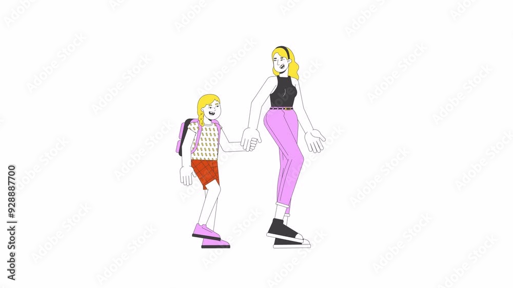 Schoolgirl mother holding hands line 2D characters animation. Parent mom taking daughter to school flat color cartoon 4K video, alpha channel. Blonde females walk animated people on white background Schoolgirl mother holding hands line 2D characters animation. Parent mom taking daughter to school flat color cartoon 4K video, alpha channel. Blonde females walk animated people on white background
