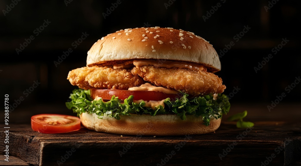 Enjoy a crispy chicken burger loaded with fresh lettuce and juicy tomatoes, all in a soft sesame seed bun. Perfect for satisfying hunger anytime, whether at home, picnicking, or grabbing takeout Enjoy a crispy chicken burger loaded with fresh lettuce and juicy tomatoes, all in a soft sesame seed bun. Perfect for satisfying hunger anytime, whether at home, picnicking, or grabbing takeout