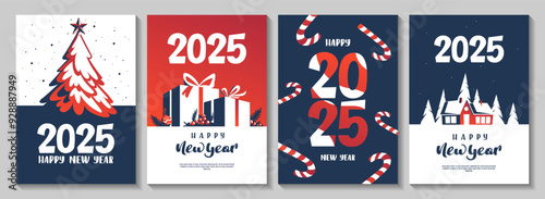 Happy new year 2025. Set of flyer, poster, banner, brochure design templates. Blue and red colors. Perfect for invitation, card.