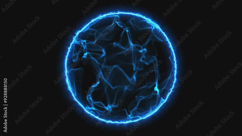 Abstract looped blue energy sphere of particles and waves of magical glow on dark background, video 4k Abstract looped blue energy sphere of particles and waves of magical glow on dark background, video 4k