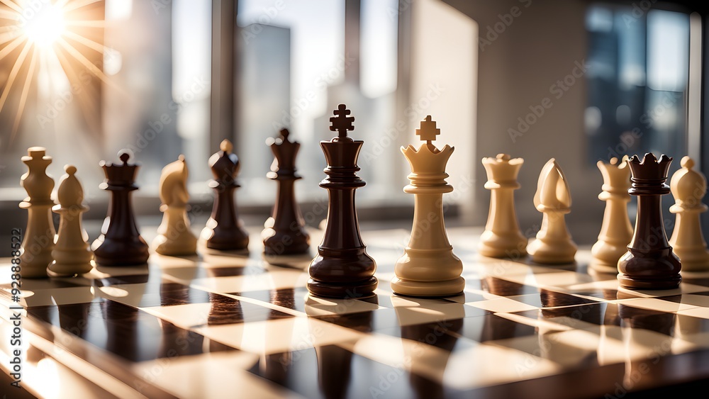 A chess board with a black and white king and pawns A chess board with a black and white king and pawns