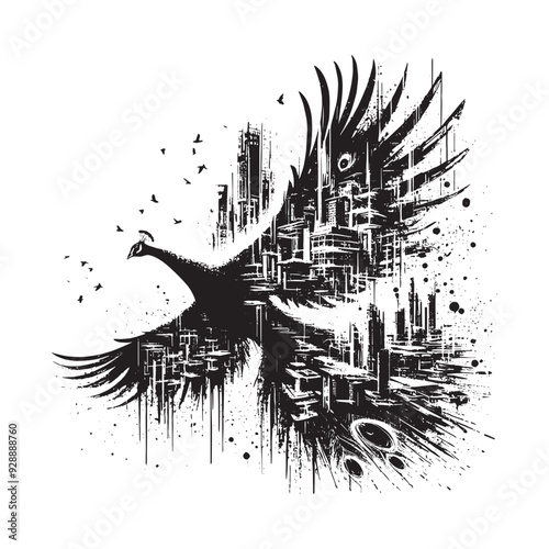 silhouette of Peacock filled with destroyed futuristic dystopia environment in rough drawing