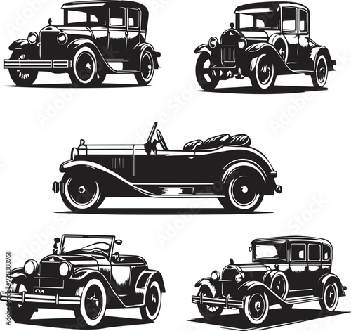 set of classic car vector art illustration