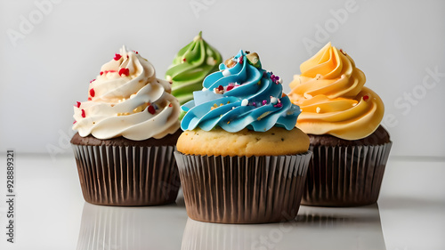 Stock Photography set of Cupcakes white background,Colorful Cupcakes with Candy Sprinkles