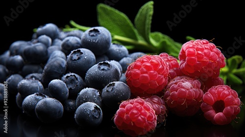 Blueberries and raspberries that are newly picked 