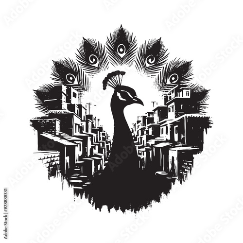 silhouette of Peacock filled with ghetto street in rough drawing