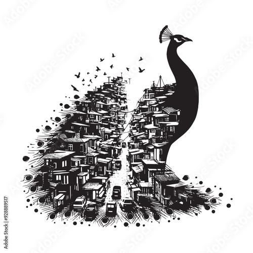 silhouette of Peacock filled with ghetto street in rough drawing