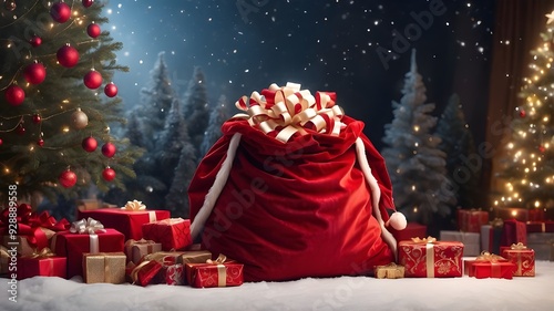 A large red velvet Santa sack overflowing with wrapped gifts, set against a snowy backdrop with a glowing Christmas tree nearby. - photo