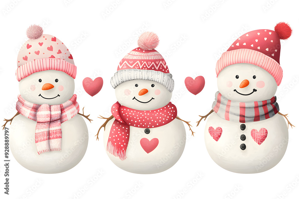 Snowman cute cartoon Illustration isolated on white. Cheerful snowmen Winter holidays set Snowman cute cartoon Illustration isolated on white. Cheerful snowmen Winter holidays set