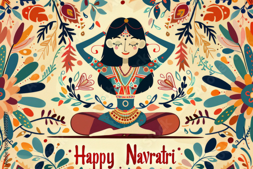 Wallpaper Mural Indian woman meditating surrounded by colorful floral patterns celebrating Navratri Torontodigital.ca